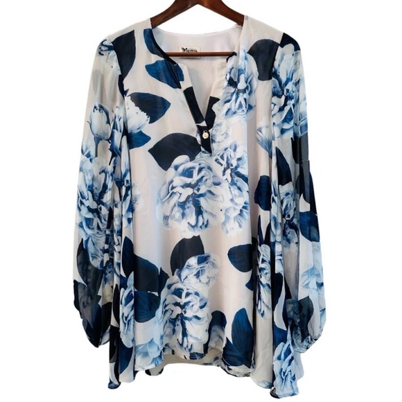 Show Me Your Mumu White with Blue Floral Print Long Sleeve Jamie Tunic size XS - Picture 2 of 9